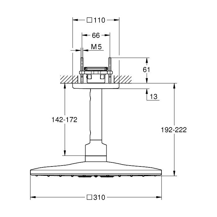 Statsionaarne dušiotsik hoidikuga GROHE Rainshower SmartActive 310 mm Kuubik 2jet, 26481GN0