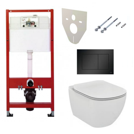 Potinkinis WC rėmas TECE su juodu mygtuku Dabar tarpinė yra tvirta (4 in 1) + IDEALUS STANDARTAS Tesi AquaBlade pakabinamas įren