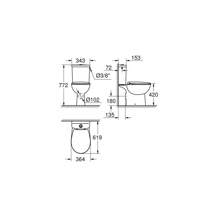 Встраиваемый унитаз GROHE Bau Ceramic Rimless с крышкой с плавным закрыванием, 39496000