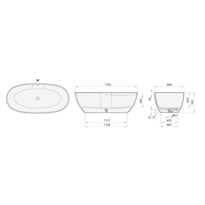 Stone mass bathtub PAA Bella 800 x 1705 mm, white
