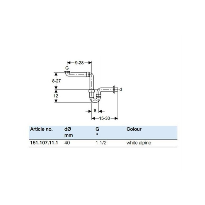 Space-saving siphon for washbasin GEBERIT 1 1/4"" (1 1/2") x 40 mm, 151107111