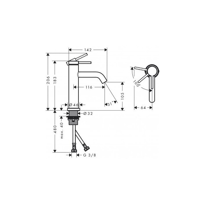 Izlietnes jaucējkrāns ar apakšējo vārstu HANSGROHE Tecturis S 110 CoolStart, 73314140