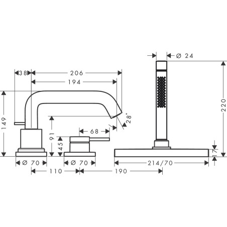 3-jų dalių maišytuvas voniai HANSGROHE Tecturis S, 73447000