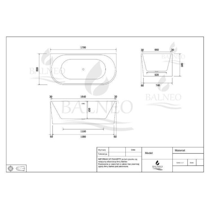 Akrilinė laisvai statoma vonia BALNEO Viva, 170 x 80 cm, J0101010102-3