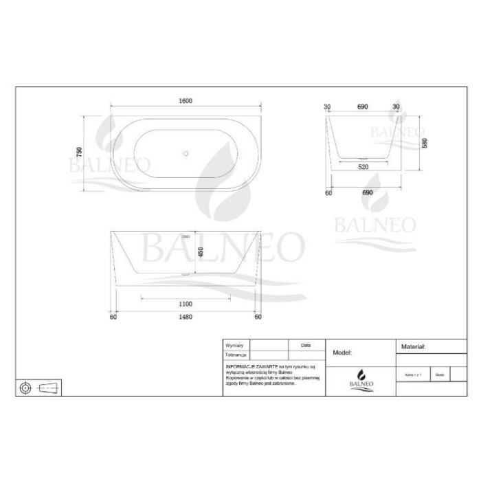 Akrüülist eraldiseisev vann BALNEO Viva, 160 x 75 cm. J0101010102-2