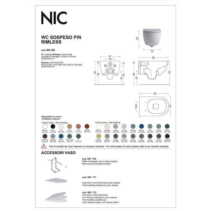 Piekaramās tualetes NIC dizains Pin Rimless ar mīkstu aizvēršanas vāku, 001709