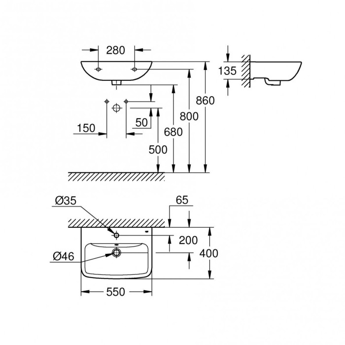 Valamu GROHE Start Edge Keraamiline 55x40 cm ülekandeavaga, 39949000