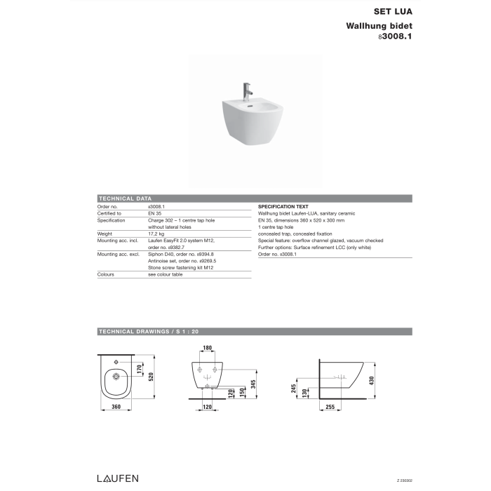 Pakabinama bidė LAUFEN Lua LCC danga, H8300814003021