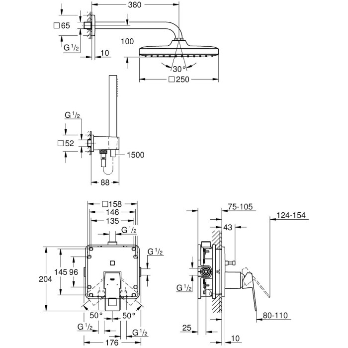 Potinkinė dušo sistema GROHE Eurocube Tempesta 250 Cube, 25239000