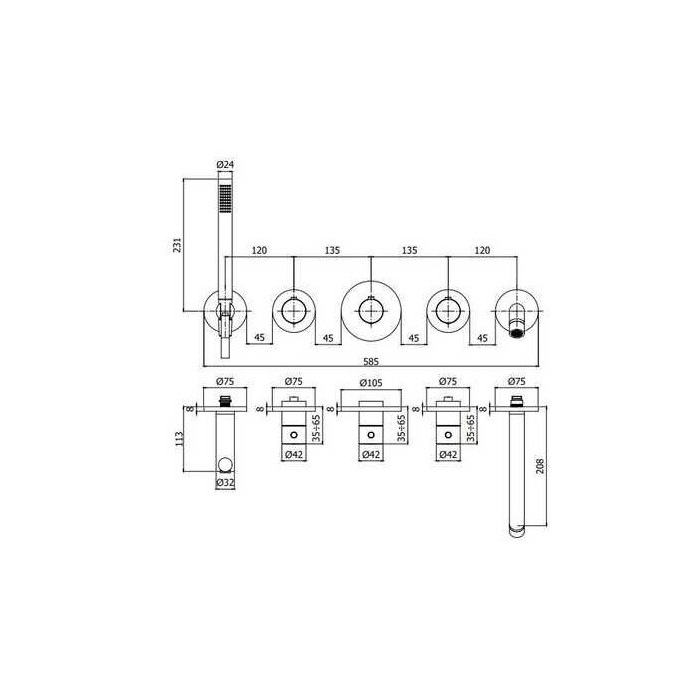 Potinkinis termostatinis vonios maišytuvas su rankiniu dušeliu iš potinkine dalimi PAFFONI Modular Box, MDBOX001+MDE001NO
