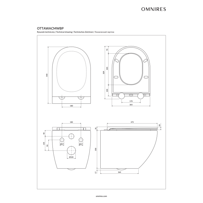 Hanging toilet OMNIRES Ottawa Comfort Rimless with softclosing cover, OTTAWACMWBP
