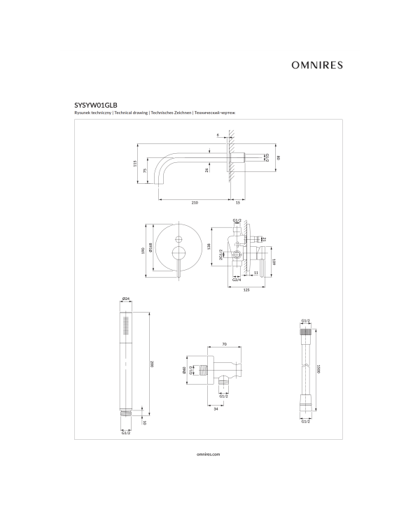 Priekšsienas vannas-dušas jaucējkrānu komplekts OMNIRES Y, iztekas garums 21 cm, SYSYW01CR
