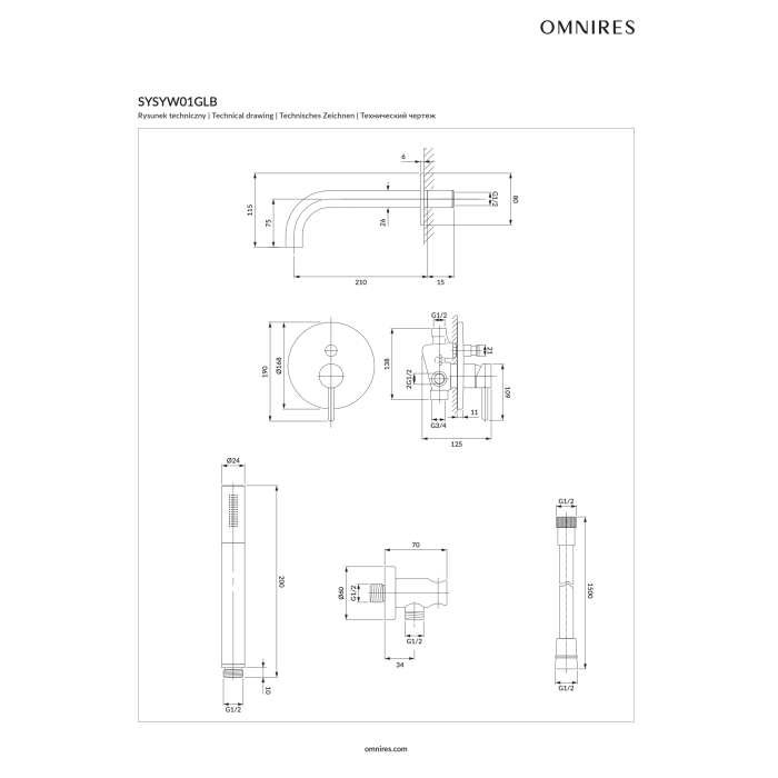 Potinkinis vonios-shower maišytuvo rinkinys OMNIRES Y, snapelio ilgis 21 cm, SYSYW01NI