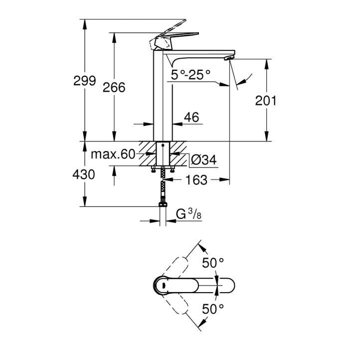 Mixer for washbasin GROHE Eurosmart Cosmopolitan XL 201 mm, 23921000