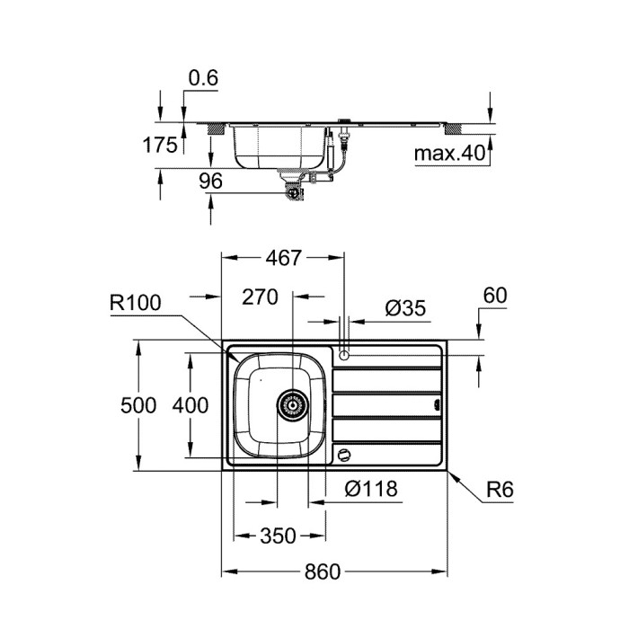 Stainless steel sink with Bau faucet GROHE K200, 31562SD1