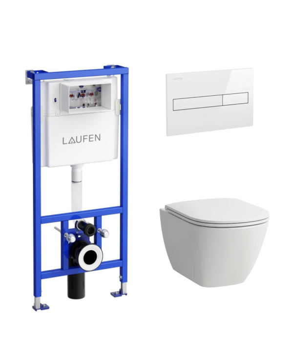 Potinkinis unitazo rėmas LAUFEN 4 in 1, baltas + pakabinamas unitazas LAUFEN Lua Rimless su Slim softclosing dangčiu