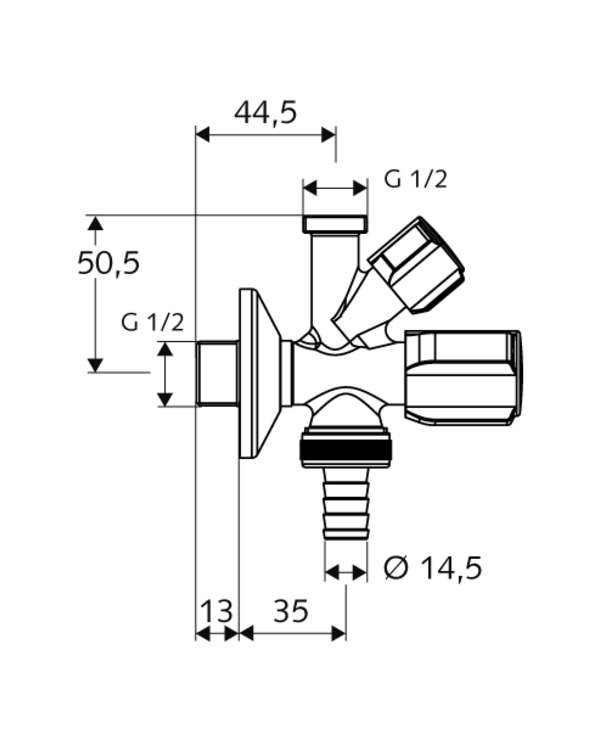 Угловой комбинированный клапан SCHELL Comfort 1/2" x 3/4" x 1/2"