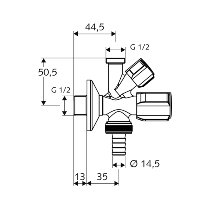 Nurga kombineeritud ventiil SCHELL Comfort 1/2" x 3/4" x 1/2"