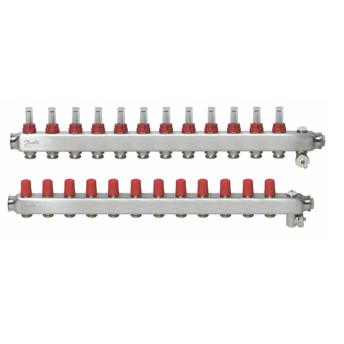 Adjustable stainless steel underfloor heating collectors DANFOSS 12 rings with flow meters