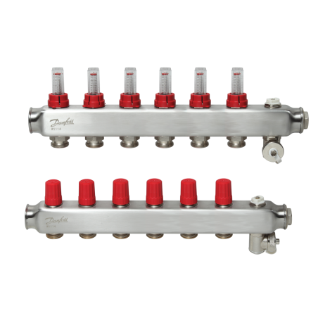Регулируемые коллекторы теплого пола из нержавеющей стали DANFOSS 6 колец с расходомерами