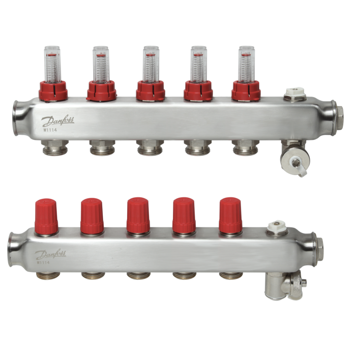 Регулируемые коллекторы теплого пола из нержавеющей стали DANFOSS 5 колец с расходомерами