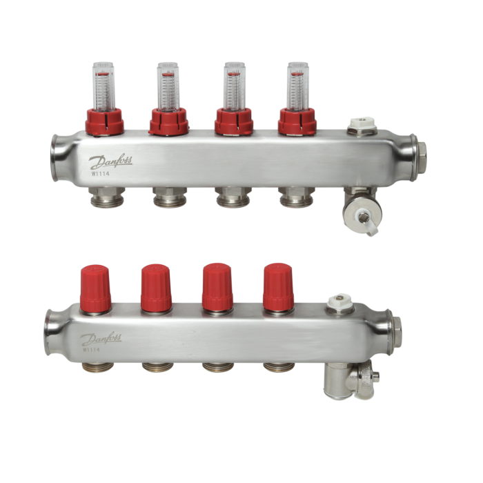 Регулируемый коллектор теплого пола из нержавеющей стали DANFOSS 4-ring с расходомером