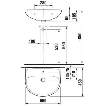 Washbasin suspended JIKA Lyra Plus, 550 x 450 mm, (faucet opening in the center)