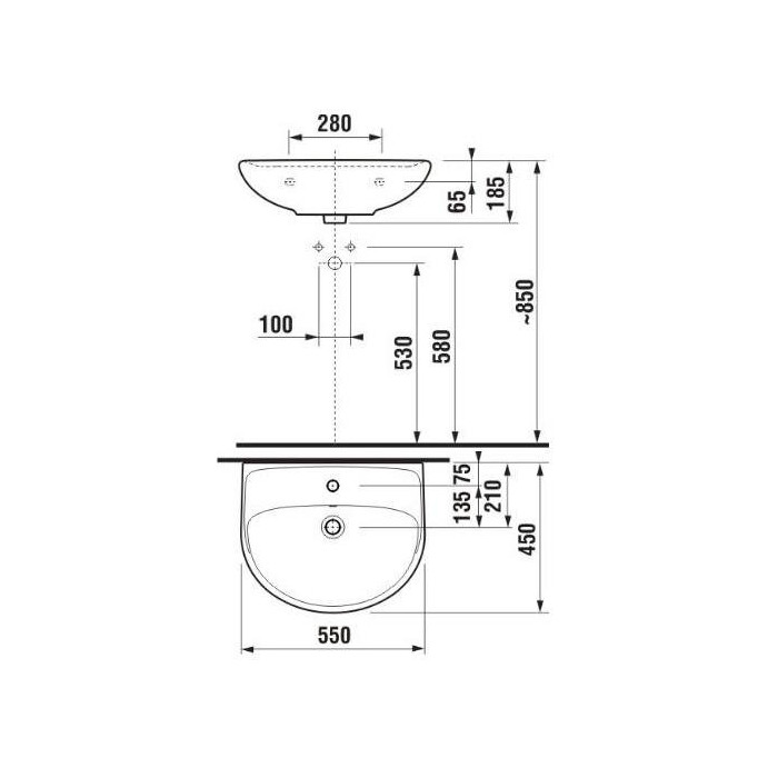 Умывальник подвесной JIKA Lyra Plus, 550 x 450 мм, (отверстие крана по центру)
