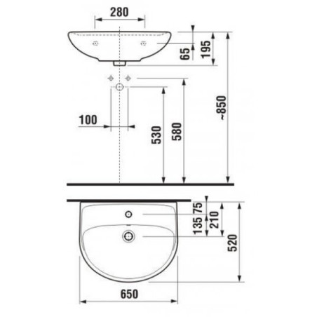 Praustuvas pakabinamas JIKA Lyra Plus, 650 x 520 mm, (maišytuvo anga centre)