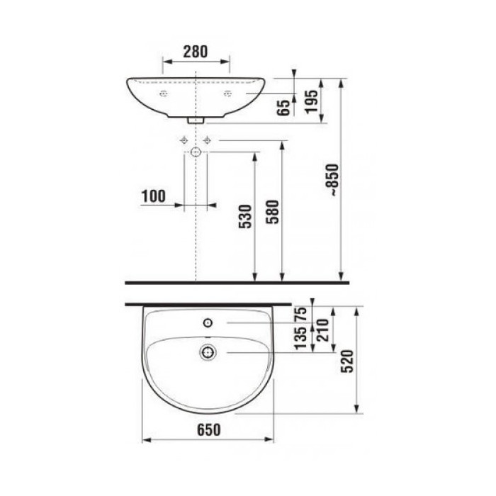 Valamu riputatud JIKA Lyra Plus, 650 x 520 mm, (segisti ava keskel)