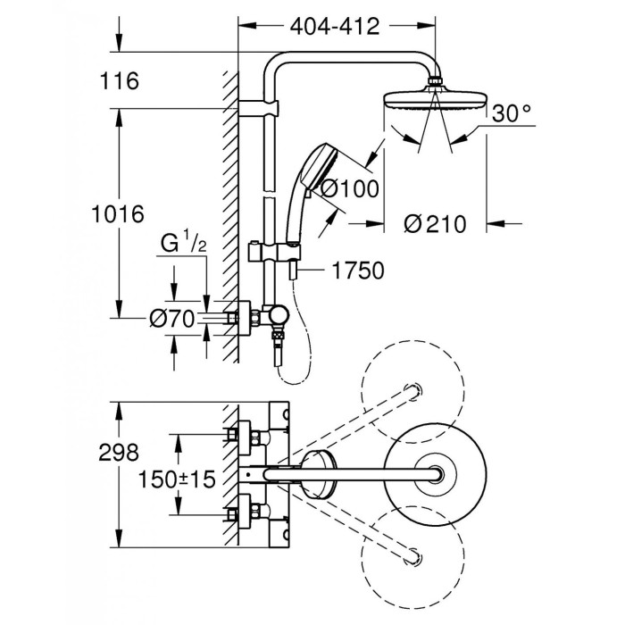 Thermostatic shower system GROHE Tempesta Cosmopolitan 210 with manual shower Tempesta 100