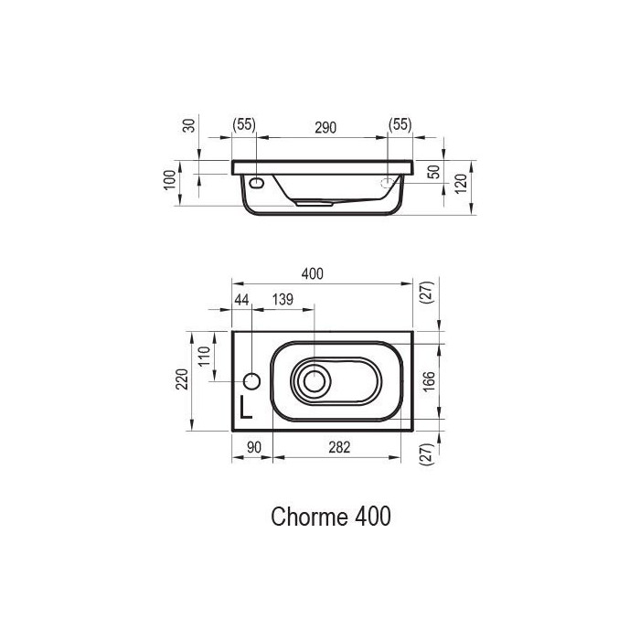 Valamu mini RAVAK Chrome 400 x 220 mm, paremal