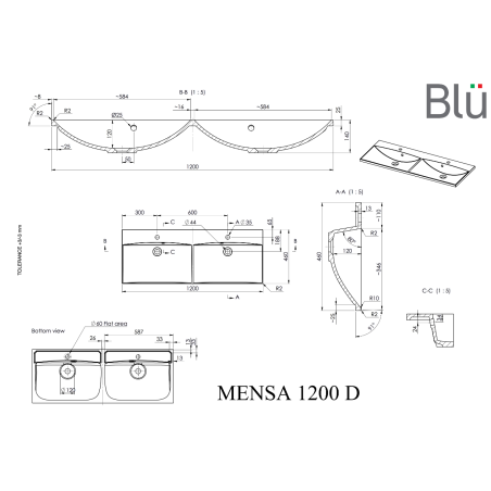 Мебель - подвесной каменный умывальник BLU Mensa, 1200 x 460 мм