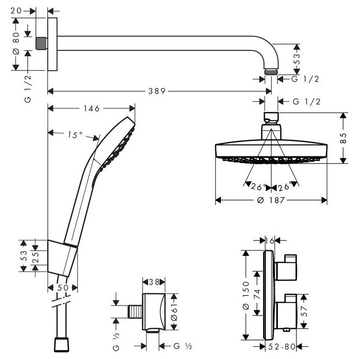 Pre-wall thermostatic shower set HANSGROHE Croma Select S 180, 27295000