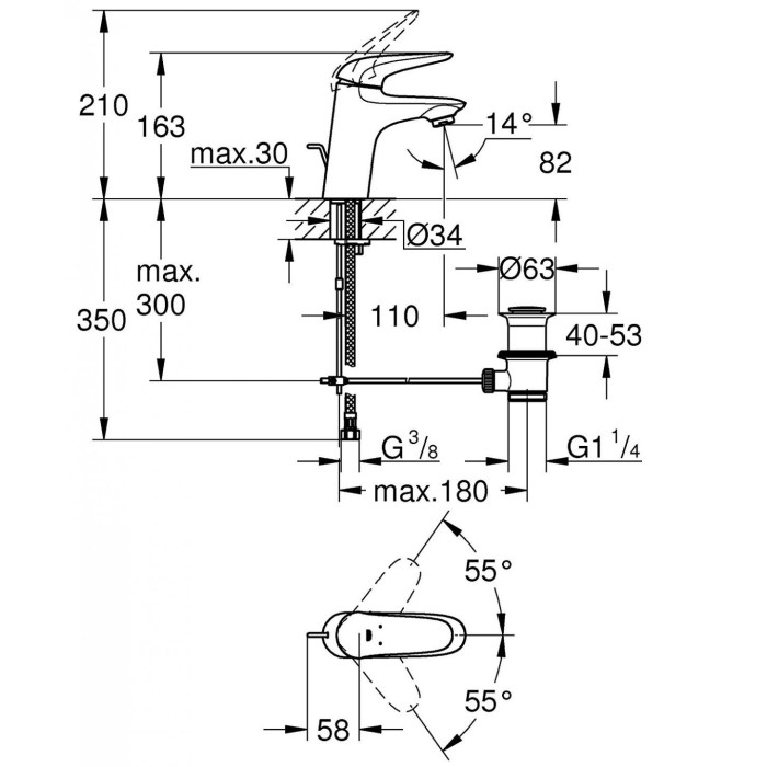 Praustuvo maišytuvas su dugno vožtuva GROHE EuroStyle, 23707003