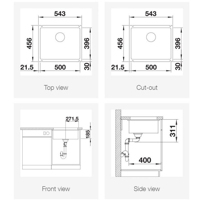 Ceramic sink BLANCO SUBLINE 500-U, 54.3x45.6 cm, White, glossy