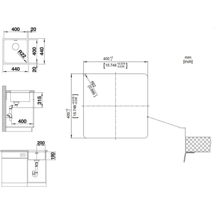 Sink BLANCO ANDANO 400-U, 44x44 cm, Without eccentric valve