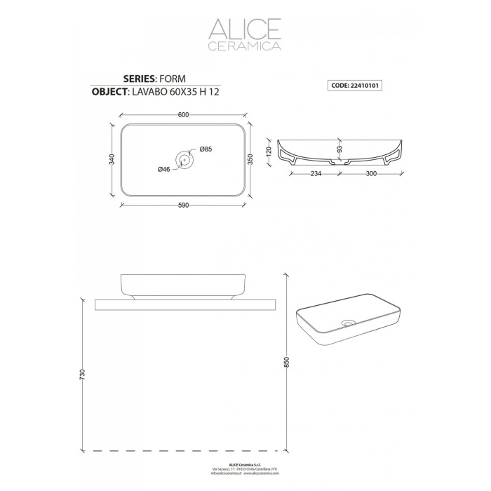 Умывальник встраиваемый из ALICE CERAMICA Form 60 x 35 см