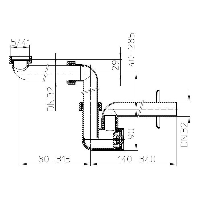 Sifonas vietą taupantis praustuvui su nusėdintuvu, be ventilio HL 1 1/4"" x 32 mm, HL137/32