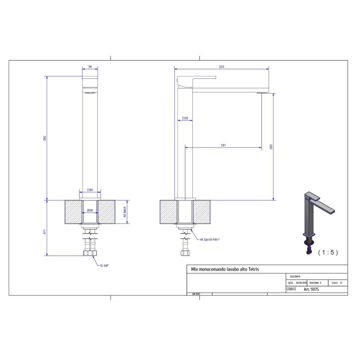 Faucet for washbasin BUGNATESE Tetris, chromed / scrubbed nickel / black-matte