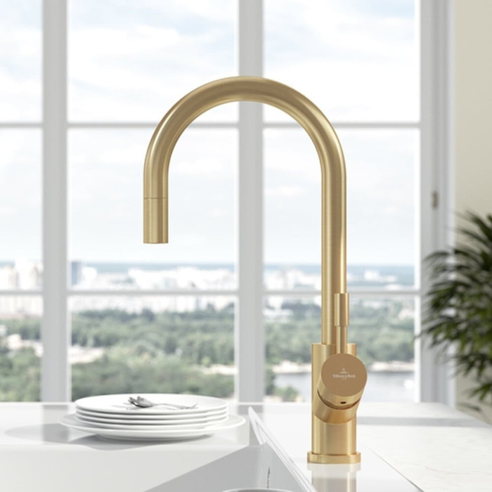 Izlietne izlietnei ar ievelkamu dušu VILLEROY&BOCH Umbrella Flex zelta spalvas