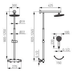 Superstructured shower sets with thermostatic faucet FERRO Trevi Black, NP75-TRV7U-BL