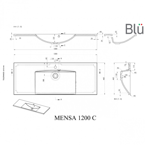 Baldinis - pakabinamas akmens masės praustuvas BLU Mensa, 1200 x 460 mm 1