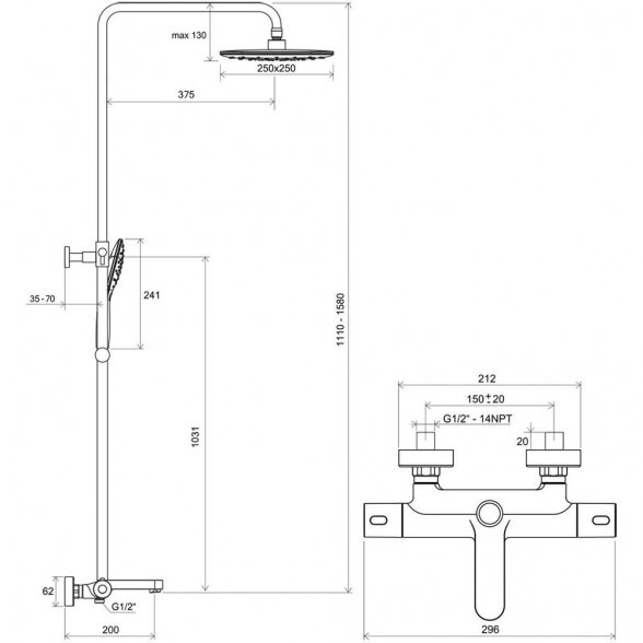 Dušo stovas RAVAK Termo 300 su termostatiniu vonios maišytuvu ir dušo komplektu, X070444 1