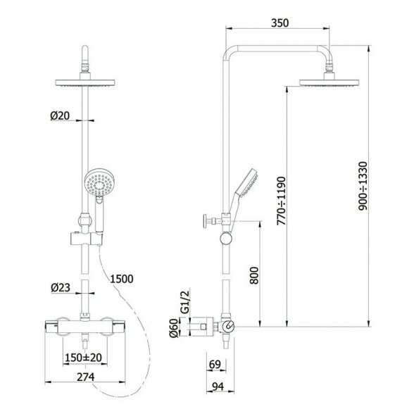 Juoda virštinkinė termostatinė dušo sistema OMNIRES Y1244LUXBL su metaline dušo galva 4
