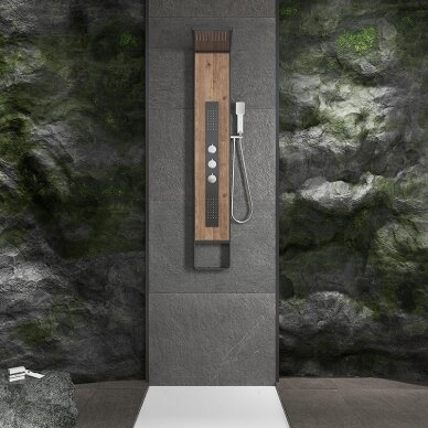 Nerūdijančio plieno dušo panelis MEPAshower wood su termostatiniu maišytuvu