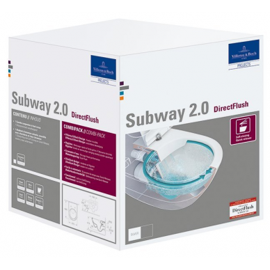 Pakabinamas unitazas VILLEROY & BOCH Subway 2.0 Direct Flush WC su SlimSeat dangčiu ir Star White Ceramic Plus danga, White Alpin